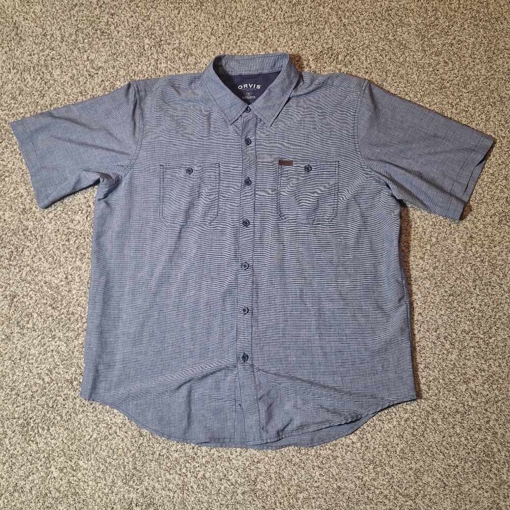 Orvis Mens Large XL Button Up Blue Camisa Outdoor Hiking Fishing Pockets Poly